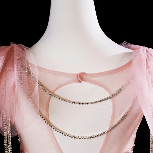 Glitzernden Pink Perlenstickerei Pailletten Ballkleider 2025 A Linie Rundhalsausschnitt Ärmellos Rückenfreies Sweep / Pinsel Zug Festliche Kleider