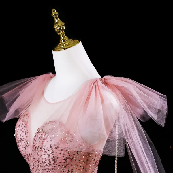 Glitzernden Pink Perlenstickerei Pailletten Ballkleider 2025 A Linie Rundhalsausschnitt Ärmellos Rückenfreies Sweep / Pinsel Zug Festliche Kleider