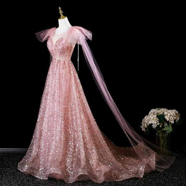 Glitzernden Pink Perlenstickerei Pailletten Ballkleider 2025 A Linie Rundhalsausschnitt Ärmellos Rückenfreies Sweep / Pinsel Zug Festliche Kleider
