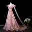Glitzernden Pink Perlenstickerei Pailletten Ballkleider 2025 A Linie Rundhalsausschnitt Ärmellos Rückenfreies Sweep / Pinsel Zug Festliche Kleider
