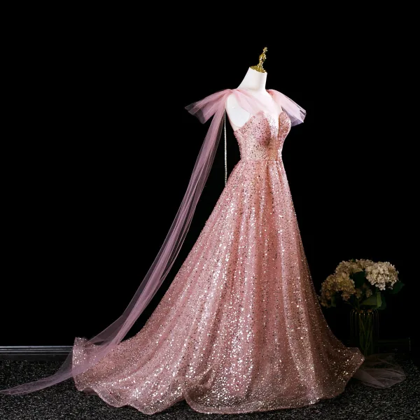Glitzernden Pink Perlenstickerei Pailletten Ballkleider 2025 A Linie Rundhalsausschnitt Ärmellos Rückenfreies Sweep / Pinsel Zug Festliche Kleider