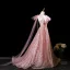 Glitzernden Pink Perlenstickerei Pailletten Ballkleider 2025 A Linie Rundhalsausschnitt Ärmellos Rückenfreies Sweep / Pinsel Zug Festliche Kleider