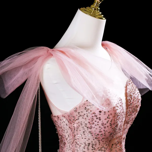 Glitzernden Pink Perlenstickerei Pailletten Ballkleider 2025 A Linie Rundhalsausschnitt Ärmellos Rückenfreies Sweep / Pinsel Zug Festliche Kleider