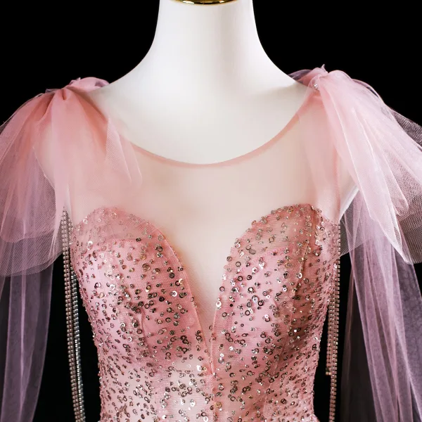 Glitzernden Pink Perlenstickerei Pailletten Ballkleider 2025 A Linie Rundhalsausschnitt Ärmellos Rückenfreies Sweep / Pinsel Zug Festliche Kleider