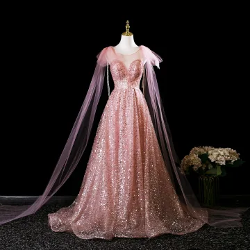 Glitzernden Pink Perlenstickerei Pailletten Ballkleider 2025 A Linie Rundhalsausschnitt Ärmellos Rückenfreies Sweep Pinsel Zug Festliche Kleider
