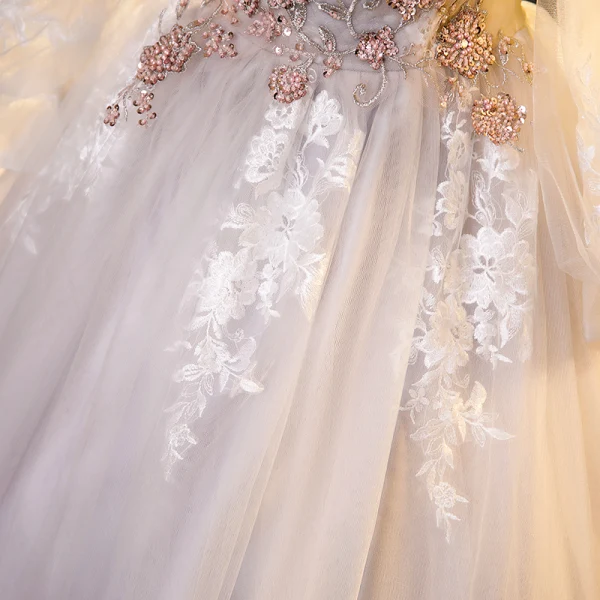 Chic / Belle Rougissant Rose Perlage Perle Paillettes En Dentelle Fleur Robe De Bal 2023 Princesse Bretelles Spaghetti Manches Courtes Dos Nu Longue Robe De Ceremonie