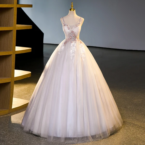 Chic / Belle Rougissant Rose Perlage Perle Paillettes En Dentelle Fleur Robe De Bal 2023 Princesse Bretelles Spaghetti Manches Courtes Dos Nu Longue Robe De Ceremonie