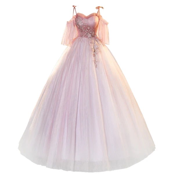 Charmant Rosa Perlenstickerei Perle Pailletten Ballkleider 2023 Ballkleid Spaghettiträger Kurze Ärmel Rückenfreies Lange Festliche Kleider