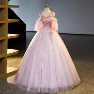 Charmant Rosa Perlenstickerei Perle Pailletten Ballkleider 2023 Ballkleid Spaghettiträger Kurze Ärmel Rückenfreies Lange Festliche Kleider