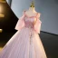 Charmant Rosa Perlenstickerei Perle Pailletten Ballkleider 2023 Ballkleid Spaghettiträger Kurze Ärmel Rückenfreies Lange Festliche Kleider