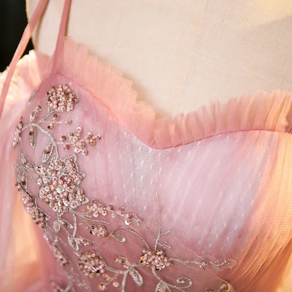 Charmant Rosa Perlenstickerei Perle Pailletten Ballkleider 2023 Ballkleid Spaghettiträger Kurze Ärmel Rückenfreies Lange Festliche Kleider