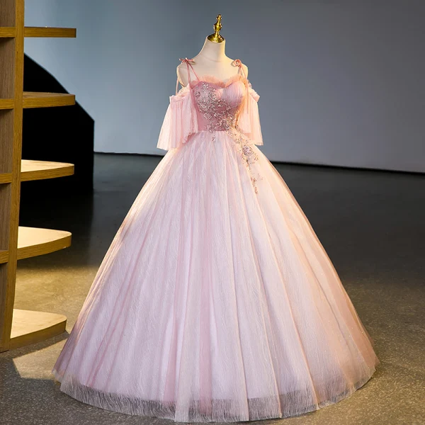 Charmant Rosa Perlenstickerei Perle Pailletten Ballkleider 2023 Ballkleid Spaghettiträger Kurze Ärmel Rückenfreies Lange Festliche Kleider