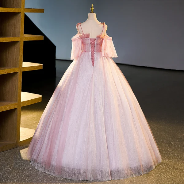 Charmant Rosa Perlenstickerei Perle Pailletten Ballkleider 2023 Ballkleid Spaghettiträger Kurze Ärmel Rückenfreies Lange Festliche Kleider