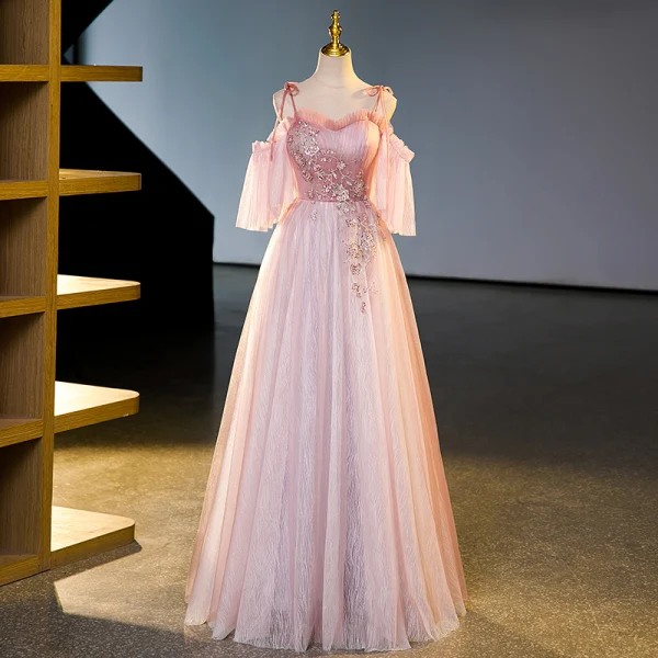 Charmant Rosa Perlenstickerei Perle Pailletten Ballkleider 2023 Ballkleid Spaghettiträger Kurze Ärmel Rückenfreies Lange Festliche Kleider