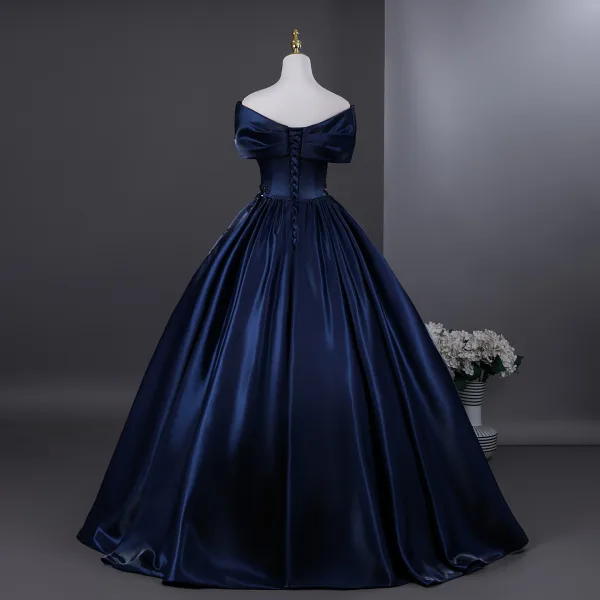 Vintage / Retro Navy Blue Beading Pearl Sequins Prom Dresses 2026 Ball Gown Off-The-Shoulder Short Sleeve Backless Floor-Length / Long Formal Dresses