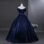 Vintage / Retro Navy Blue Beading Pearl Sequins Prom Dresses 2026 Ball Gown Off-The-Shoulder Short Sleeve Backless Floor-Length / Long Formal Dresses