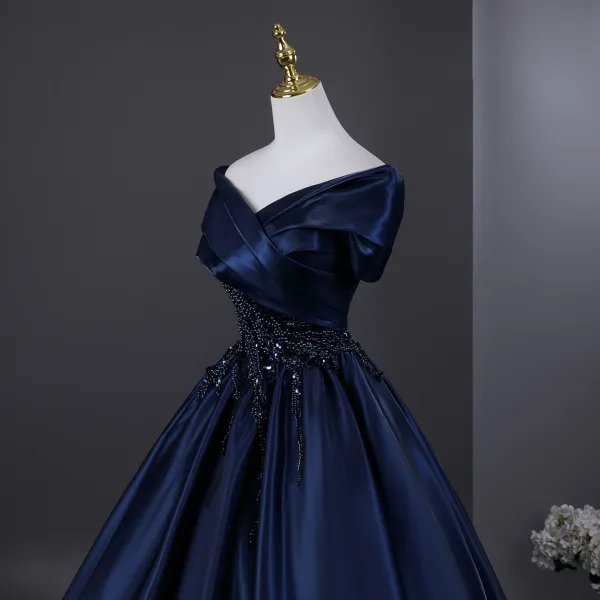 Vintage / Retro Navy Blue Beading Pearl Sequins Prom Dresses 2026 Ball Gown Off-The-Shoulder Short Sleeve Backless Floor-Length / Long Formal Dresses