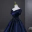 Vintage / Retro Navy Blue Beading Pearl Sequins Prom Dresses 2026 Ball Gown Off-The-Shoulder Short Sleeve Backless Floor-Length / Long Formal Dresses