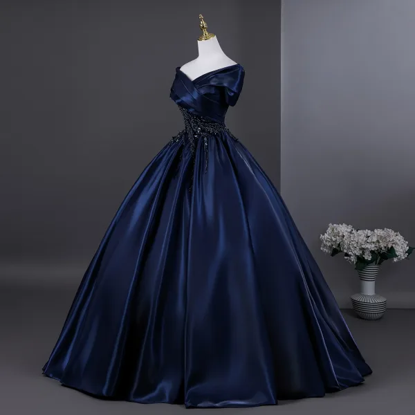 Vintage / Retro Navy Blue Beading Pearl Sequins Prom Dresses 2026 Ball Gown Off-The-Shoulder Short Sleeve Backless Floor-Length / Long Formal Dresses