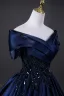Vintage / Retro Navy Blue Beading Pearl Sequins Prom Dresses 2026 Ball Gown Off-The-Shoulder Short Sleeve Backless Floor-Length / Long Formal Dresses