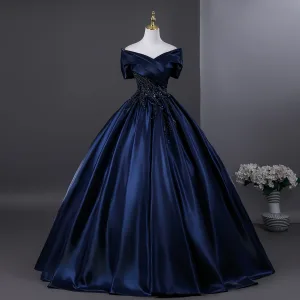 Vintage Retro Navy Blue Beading Pearl Sequins Prom Dresses 2026 Ball Gown Off The Shoulder Short Sleeve Backless Floor Length Long Formal Dresses