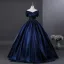 Vintage / Retro Navy Blue Beading Pearl Sequins Prom Dresses 2026 Ball Gown Off-The-Shoulder Short Sleeve Backless Floor-Length / Long Formal Dresses