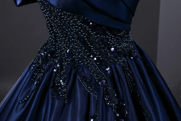 Vintage / Retro Navy Blue Beading Pearl Sequins Prom Dresses 2026 Ball Gown Off-The-Shoulder Short Sleeve Backless Floor-Length / Long Formal Dresses