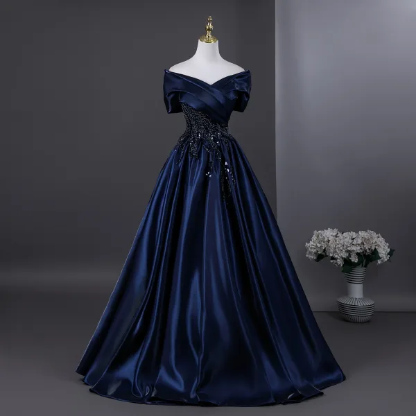 Vintage / Retro Navy Blue Beading Pearl Sequins Prom Dresses 2026 Ball Gown Off-The-Shoulder Short Sleeve Backless Floor-Length / Long Formal Dresses