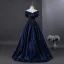 Vintage / Retro Navy Blue Beading Pearl Sequins Prom Dresses 2026 Ball Gown Off-The-Shoulder Short Sleeve Backless Floor-Length / Long Formal Dresses