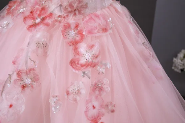 Lovely Blushing Pink Pearl Appliques Prom Dresses 2026 Ball Gown Strapless Sleeveless Backless Floor-Length / Long Formal Dresses