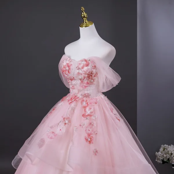 Lovely Blushing Pink Pearl Appliques Prom Dresses 2026 Ball Gown Strapless Sleeveless Backless Floor-Length / Long Formal Dresses