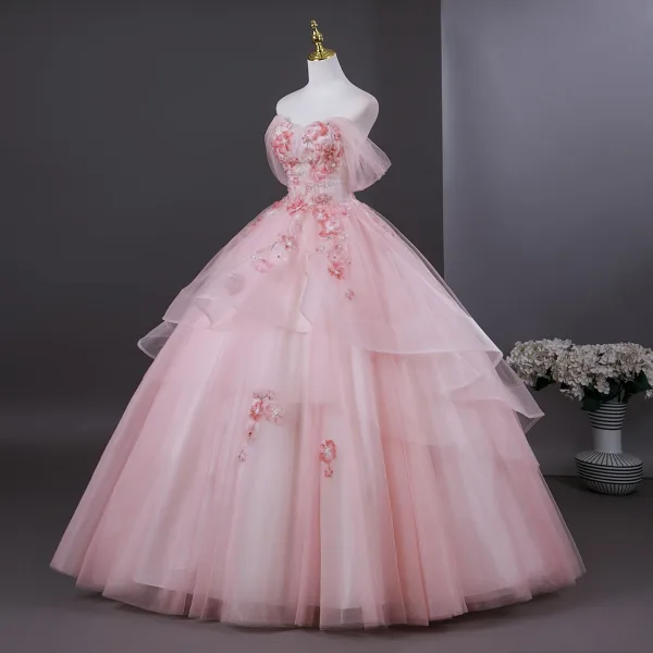 Lovely Blushing Pink Pearl Appliques Prom Dresses 2026 Ball Gown Strapless Sleeveless Backless Floor-Length / Long Formal Dresses