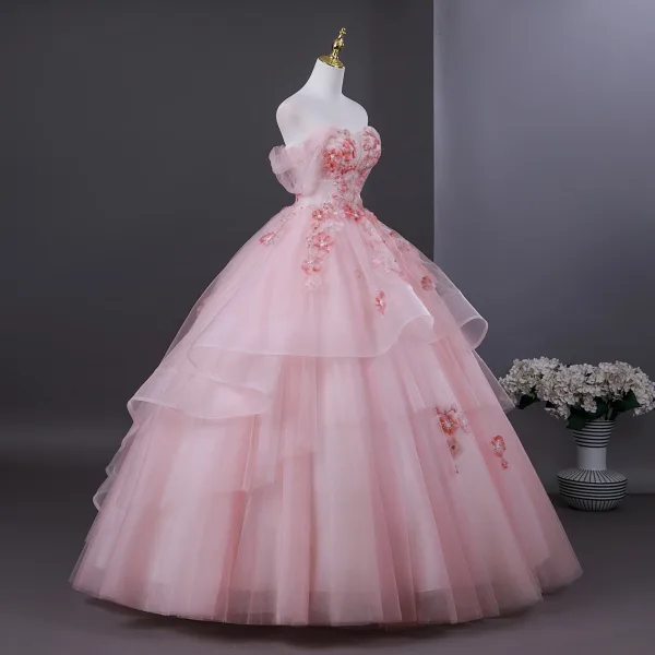 Lovely Blushing Pink Pearl Appliques Prom Dresses 2026 Ball Gown Strapless Sleeveless Backless Floor-Length / Long Formal Dresses