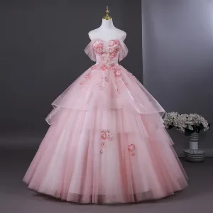Charmant Rougissant Rose Perle Appliques Robe De Bal 2026 Robe Boule Bustier Sans Manches Dos Nu Longue Robe De Ceremonie