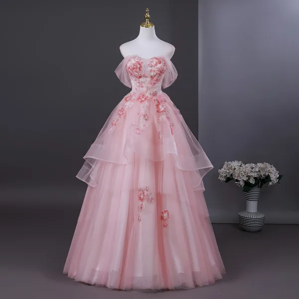 Lovely Blushing Pink Pearl Appliques Prom Dresses 2026 Ball Gown Strapless Sleeveless Backless Floor-Length / Long Formal Dresses