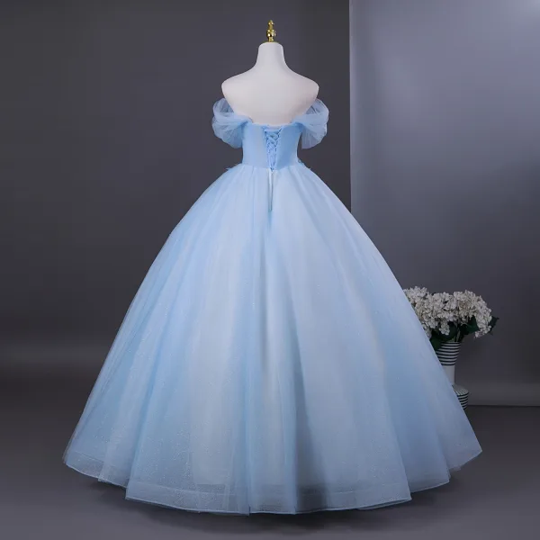 Elegant Sky Blue Beading Appliques Sequins Prom Dresses 2026 Ball Gown Off-The-Shoulder Short Sleeve Backless Floor-Length / Long Formal Dresses