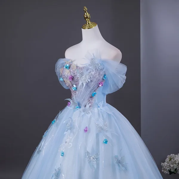 Elegant Sky Blue Beading Appliques Sequins Prom Dresses 2026 Ball Gown Off-The-Shoulder Short Sleeve Backless Floor-Length / Long Formal Dresses