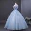 Elegant Sky Blue Beading Appliques Sequins Prom Dresses 2026 Ball Gown Off-The-Shoulder Short Sleeve Backless Floor-Length / Long Formal Dresses