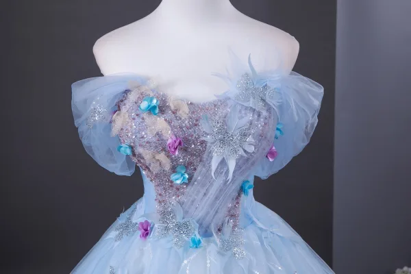 Elegant Sky Blue Beading Appliques Sequins Prom Dresses 2026 Ball Gown Off-The-Shoulder Short Sleeve Backless Floor-Length / Long Formal Dresses