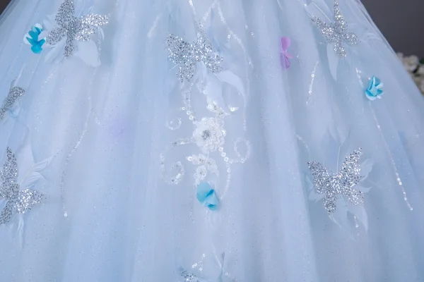 Elegant Sky Blue Beading Appliques Sequins Prom Dresses 2026 Ball Gown Off-The-Shoulder Short Sleeve Backless Floor-Length / Long Formal Dresses