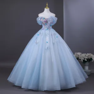 Élégant Bleu Ciel Perlage Appliques Paillettes Robe De Bal 2026 Robe Boule De L Épaule Manches Courtes Dos Nu Longue Robe De Ceremonie