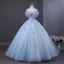 Elegant Sky Blue Beading Appliques Sequins Prom Dresses 2026 Ball Gown Off-The-Shoulder Short Sleeve Backless Floor-Length / Long Formal Dresses