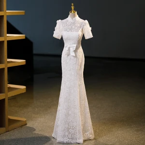 Charming Ivory Lace Flower Bow Evening Dresses 2023 Trumpet Mermaid High Neck Short Sleeve Floor Length Long Evening Party Formal Dresses