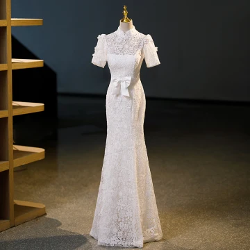 Charmant Ivory Creme Spitze Blumen Schleife Abendkleider 2023 Meerjungfrau Stehkragen Kurze Ärmel Lange Abend Festliche Kleider