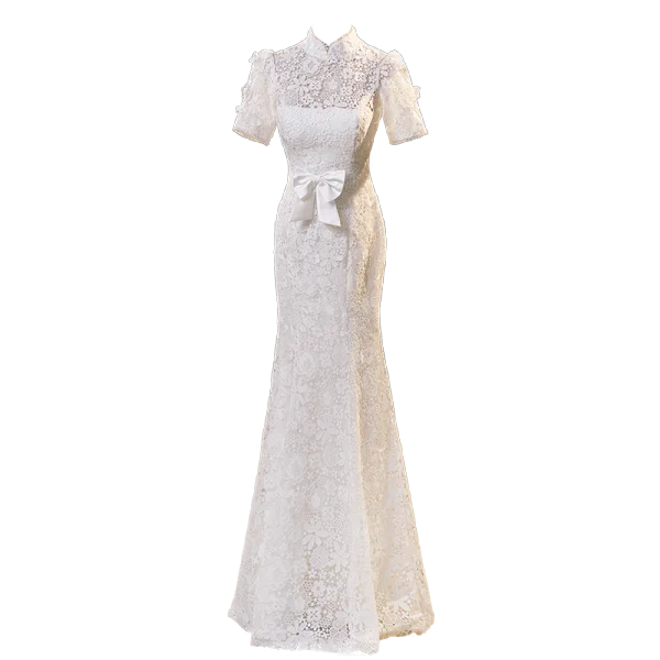 Charming Ivory Lace Flower Bow Evening Dresses 2023 Trumpet / Mermaid High Neck Short Sleeve Floor-Length / Long Evening Party Formal Dresses