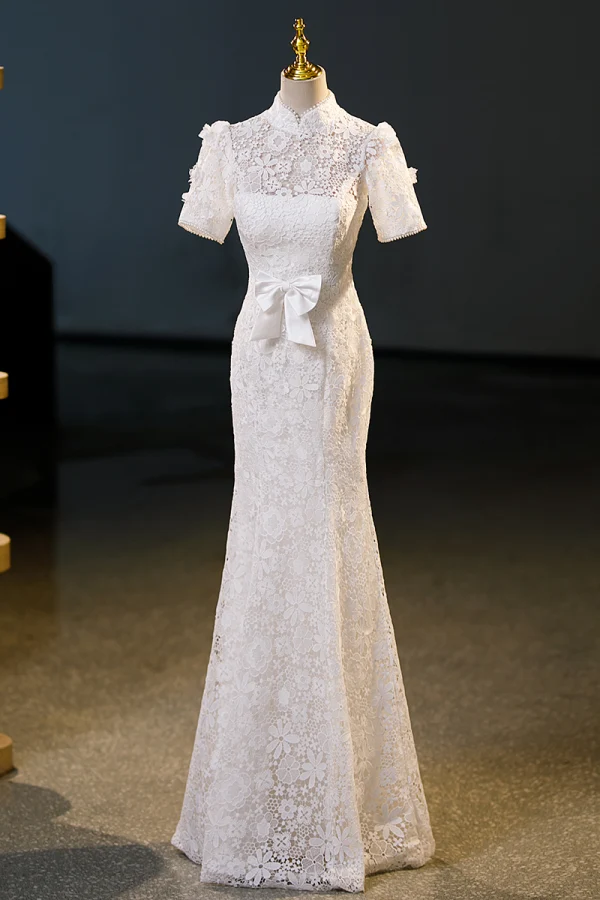 Charming Ivory Lace Flower Bow Evening Dresses 2023 Trumpet / Mermaid High Neck Short Sleeve Floor-Length / Long Evening Party Formal Dresses