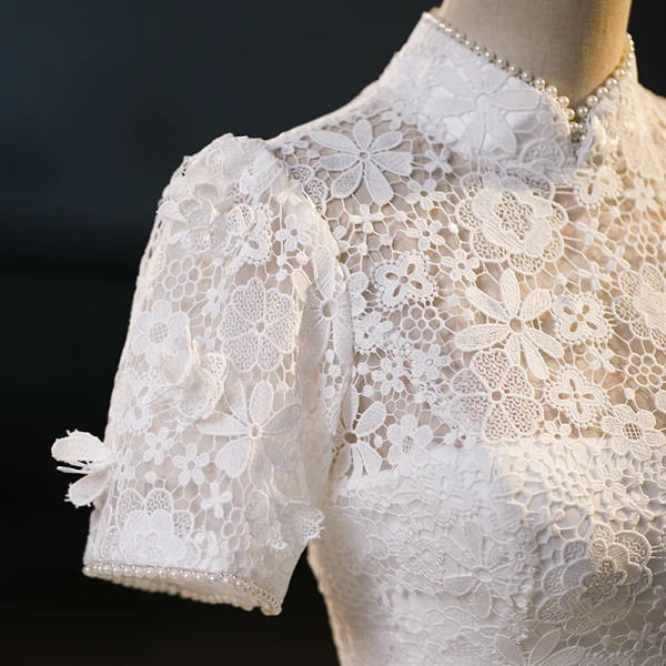 Charming Ivory Lace Flower Bow Evening Dresses 2023 Trumpet / Mermaid High Neck Short Sleeve Floor-Length / Long Evening Party Formal Dresses