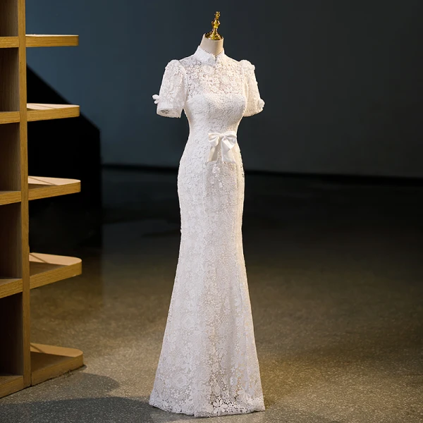 Charming Ivory Lace Flower Bow Evening Dresses 2023 Trumpet / Mermaid High Neck Short Sleeve Floor-Length / Long Evening Party Formal Dresses