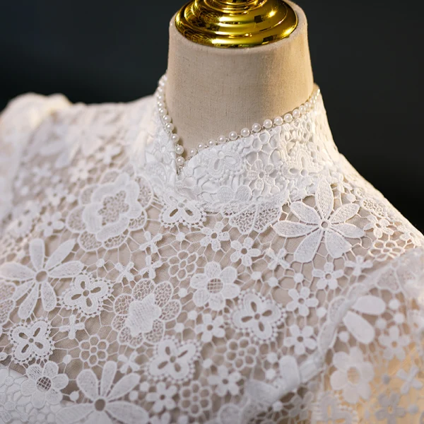 Charming Ivory Lace Flower Bow Evening Dresses 2023 Trumpet / Mermaid High Neck Short Sleeve Floor-Length / Long Evening Party Formal Dresses