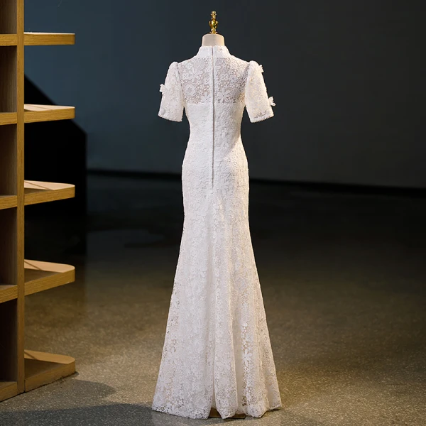 Charming Ivory Lace Flower Bow Evening Dresses 2023 Trumpet / Mermaid High Neck Short Sleeve Floor-Length / Long Evening Party Formal Dresses